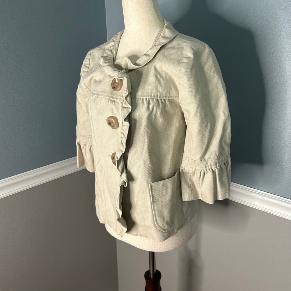 J.Crew Womens Khaki Tan Ruffle Trim Cropped Blazer Jacket 3/4 Sleeve Size 6 - Picture 2 of 8